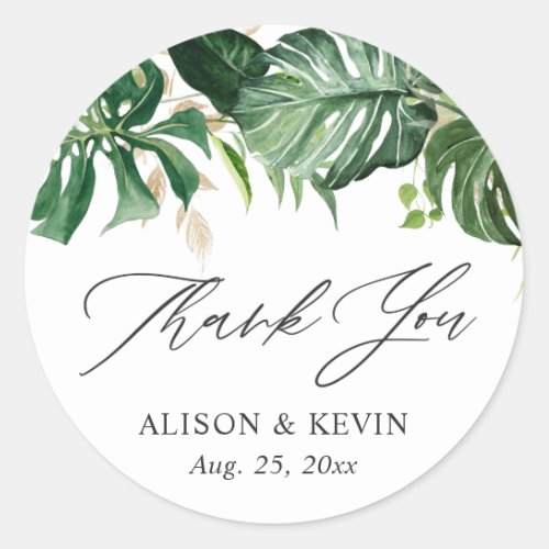 Watercolor Tropical Palm Leaves Thank You Classic Round Sticker