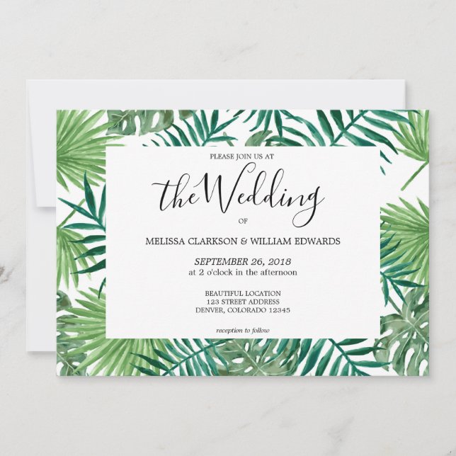 Watercolor tropical palm leaves wedding invitation (Front)