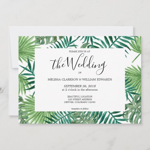 Watercolor tropical palm leaves wedding invitation