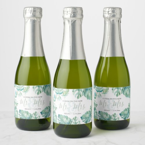 Watercolor Tropical Palm Leaves Wedding Reception Sparkling Wine Label