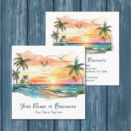 Watercolor Tropical Palm Tree Beach Sunset Square Business Card