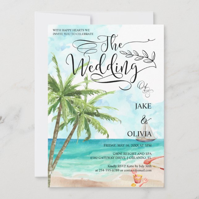 Watercolor Tropical Palm Tree Beach Wedding  Invitation (Front)