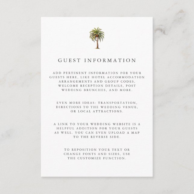 Watercolor tropical palm tree guest Details Enclosure Card (Front)