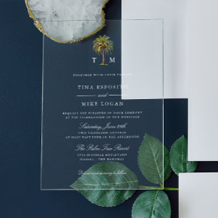Watercolor tropical palm tree Monogram Wedding  Acrylic Invitations