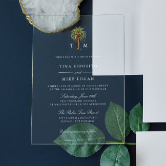 Watercolor tropical palm tree Monogram Wedding Acrylic Invitations