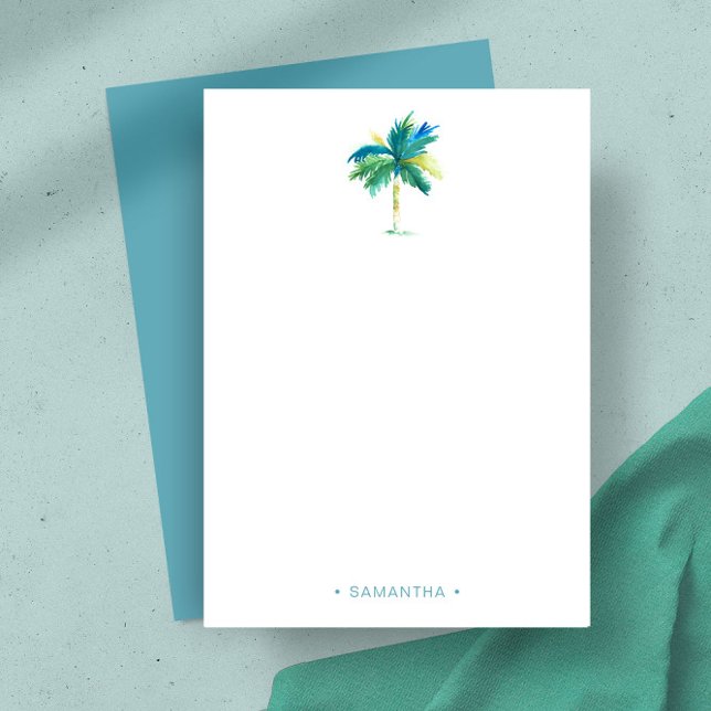 Watercolor Tropical Palm Tree Personal Note Card (Personalized notecards watercolor tropical palm tree art by Victoria Grigaliunas Do Tell A Belle)