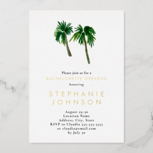 Watercolor Tropical Palm Trees  Bachelorette    Foil Invitation