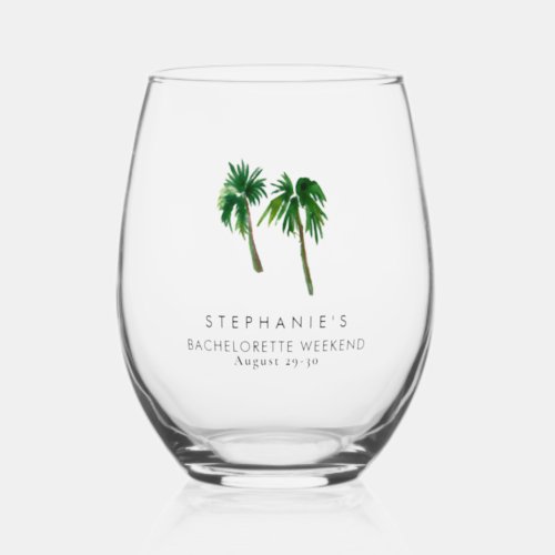 Watercolor Tropical Palm Trees  Bachelorette    Stemless Wine Glass