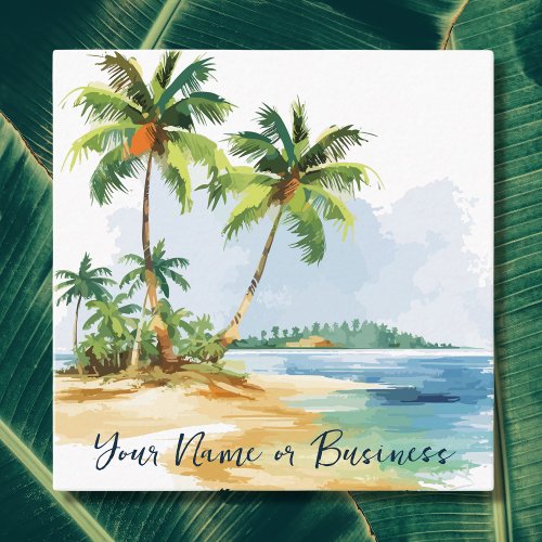Watercolor Tropical Palm Trees Beach Square Business Card