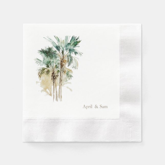 Watercolor Tropical Palm Trees Coined Wedding Napkins (Front)