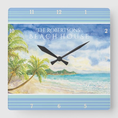 Watercolor Tropical Paradise Beach House Palms Art Square Wall Clock