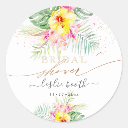 Watercolor Tropical Paradise Bridal Shower Invitat Classic Round Sticker