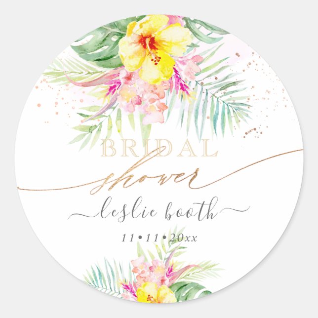 Watercolor Tropical Paradise Bridal Shower Invitat Classic Round Sticker (Front)