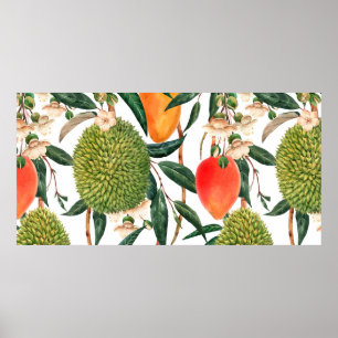 Watercolor tropical pattern, durian fruit, mango o poster