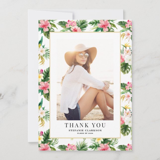 Watercolor Tropical Pattern Graduation Photo Thank You Card (Front)