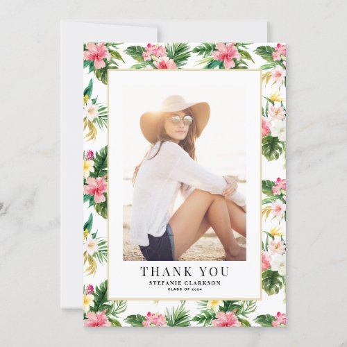 Watercolor Tropical Pattern Graduation Photo Thank You Card