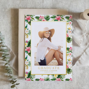Watercolor Tropical Pattern Photo Graduation Foil Invitation
