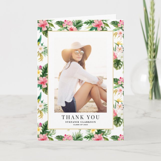 Watercolor Tropical Pattern Photo Graduation Thank You Card (Front)