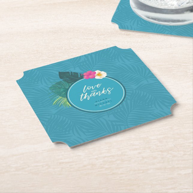 Watercolor Tropical Pattern Thanks Teal ID577 Paper Coaster (Angled)