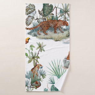 Watercolor tropical pattern with a leopard animal, bath towel