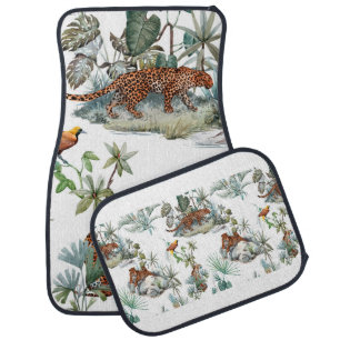 Watercolor tropical pattern with a leopard animal, car floor mat