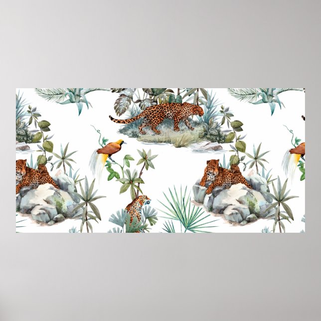 Watercolor tropical pattern with a leopard animal, poster (Front)