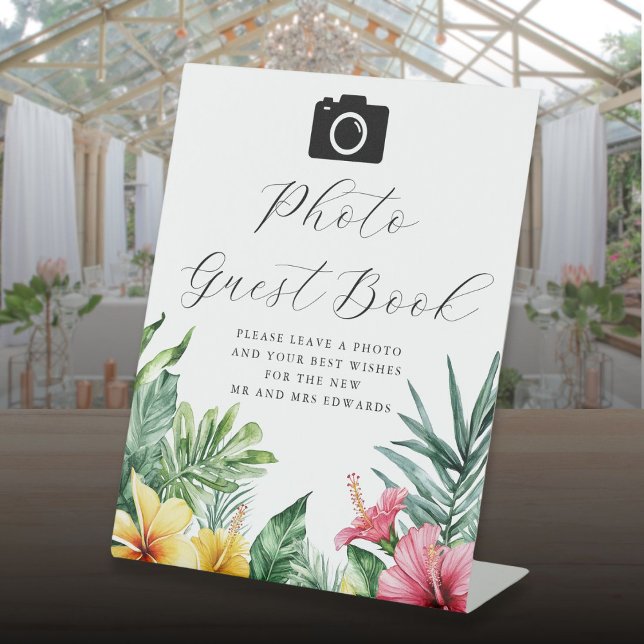 Watercolor Tropical Photo Guest Book Wedding Pedestal Sign (Watercolor Tropical Photo Guest Book Wedding Pedestal Sign)