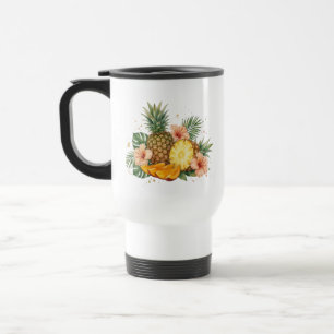 Watercolor Tropical Pineapple and Hibiscus Flower Travel Mug