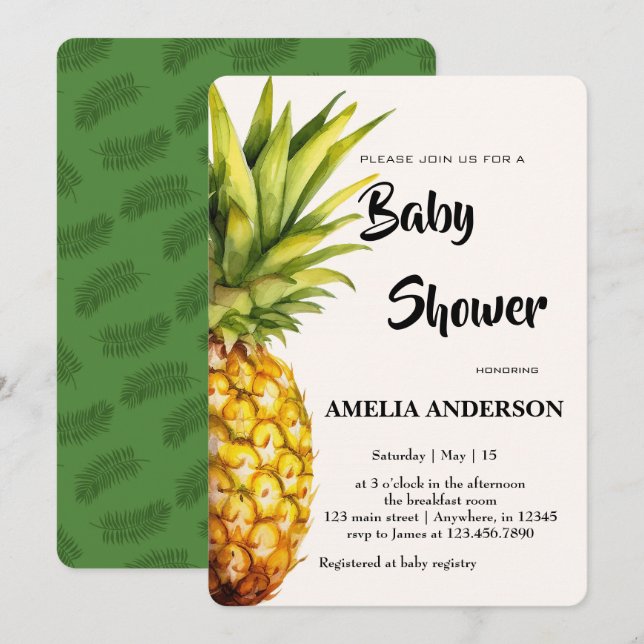 Watercolor Tropical Pineapple Baby Shower Invitation (Front/Back)