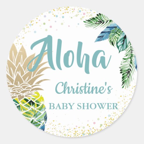 Watercolor Tropical Pineapple Beach Baby Shower Classic Round Sticker
