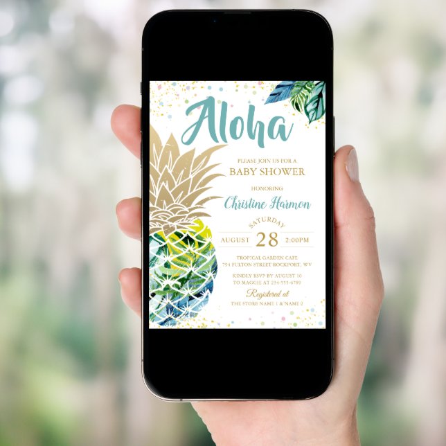Watercolor Tropical Pineapple Beach Baby Shower Invitation (Front Digital)