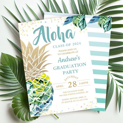 Watercolor Tropical Pineapple Beach Graduation Invitation