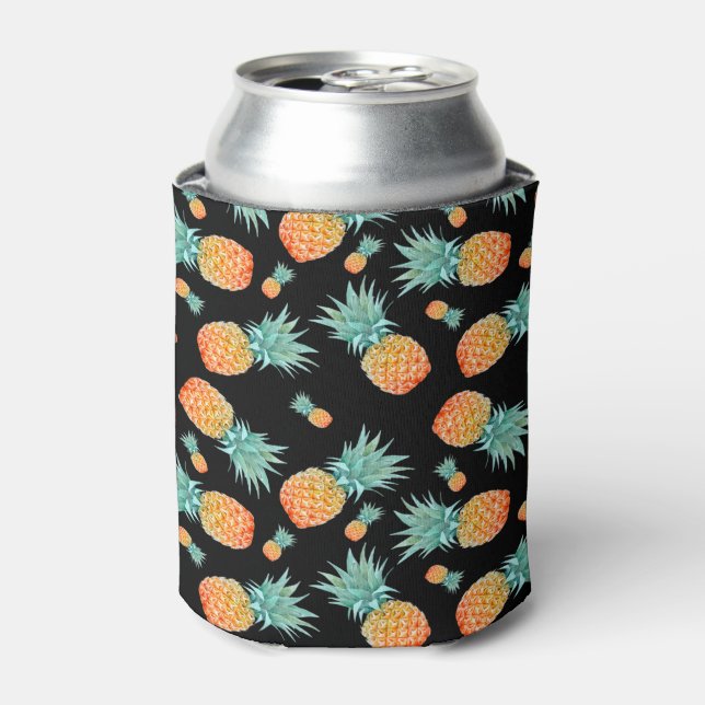 Watercolor Tropical Pineapple Cool Black Can Cooler (Can Front)