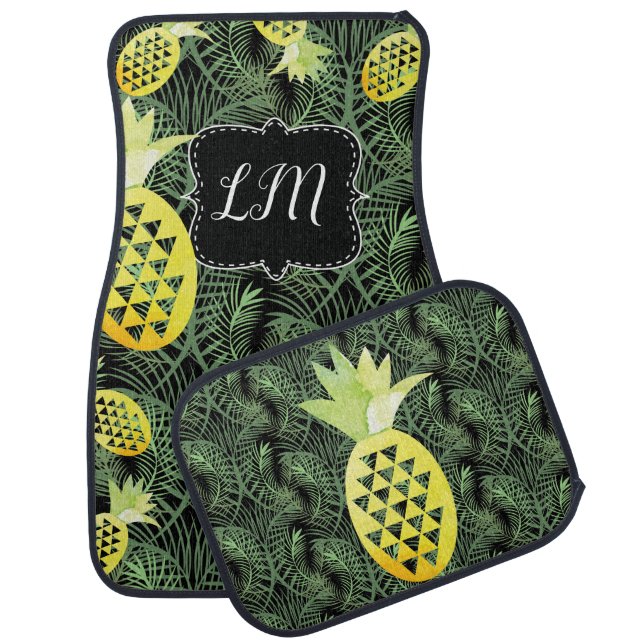 Watercolor Tropical Pineapple Oasis Monogram Car Floor Mat (Set)