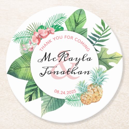 Watercolor Tropical Pineapple Orchid Wedding Favor Round Paper Coaster
