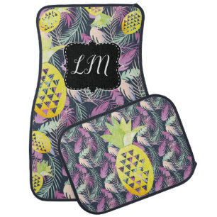 Watercolor Tropical Pineapple Palm Leaves Monogram Car Floor Mat