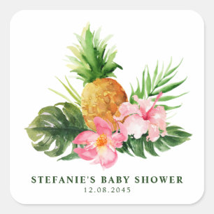 Watercolor Tropical Pineapple Summer Baby Shower Square Sticker