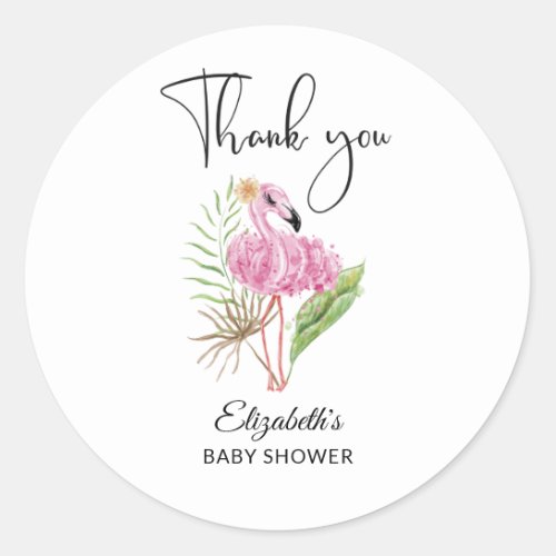 Watercolor Tropical Pink Flamingo Baby Shower Classic Round Sticker