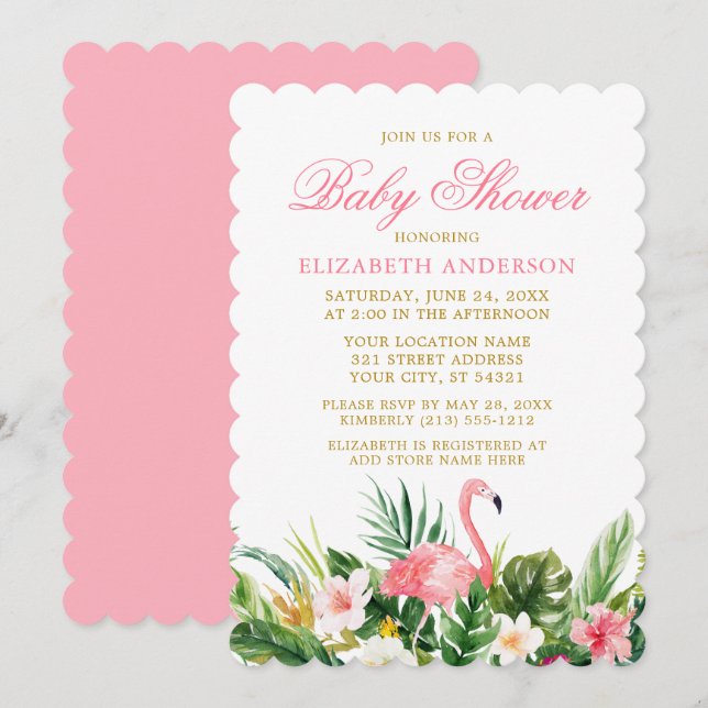Watercolor Tropical Pink Flamingo Baby Shower Invitation (Front/Back)
