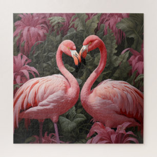 Watercolor Tropical Pink Flamingo Romance Jigsaw Puzzle