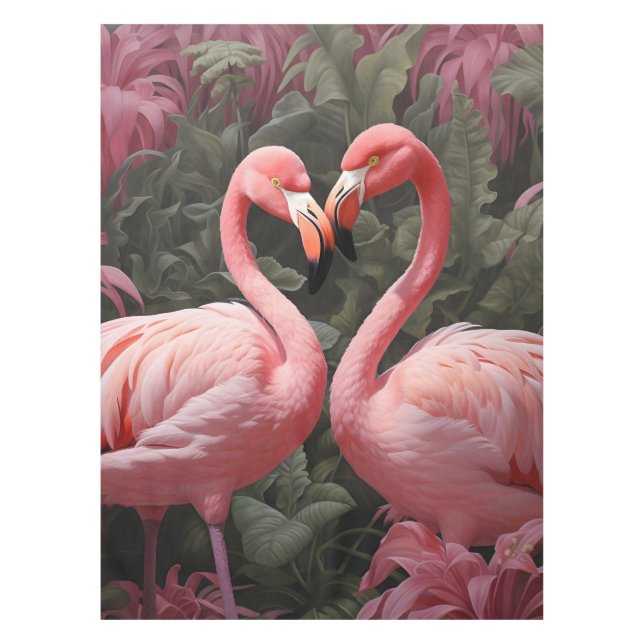 Watercolor Tropical Pink Flamingo Romance Tablecloth (Front)