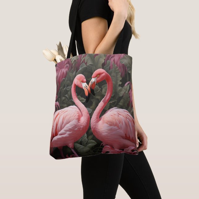 Watercolor Tropical Pink Flamingo Romance Tote Bag (Close Up)
