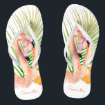 Watercolor Tropical Pink Flamingos with Your Name Flip Flops<br><div class="desc">Escape to a tropical paradise with this unique pair of personalized flip flops featuring a pair of showy pink flamingos and palm fronds. Edit the sample name shown in the design template for both the left and right shoe. These make wonderful gifts for all occasions and are especially nice for...</div>