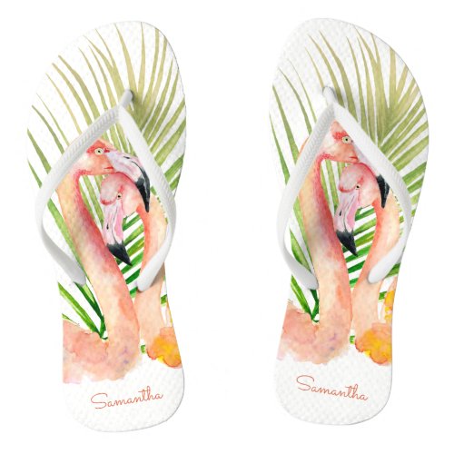 Watercolor Tropical Pink Flamingos with Your Name Flip Flops