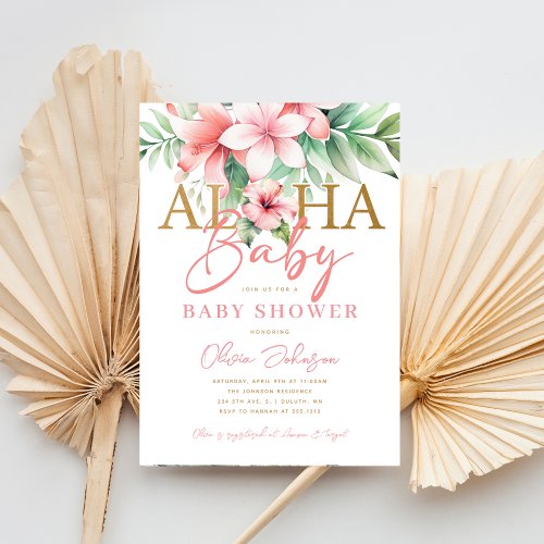 Watercolor Tropical Pink Floral Aloha Baby Shower Invitation