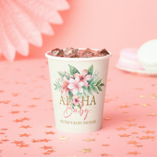 Watercolor Tropical Pink Floral Aloha Baby Shower Paper Cups