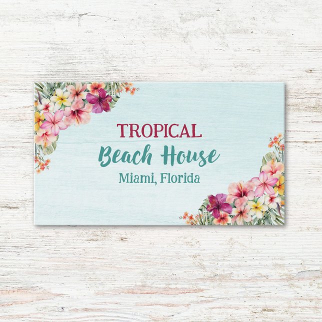 Watercolor Tropical Pink Floral Beach House Business Card (Close up)