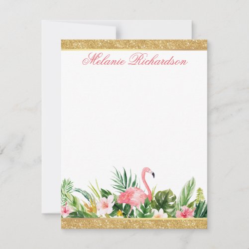 Watercolor Tropical Pink Floral Flamingo Glitter Note Card
