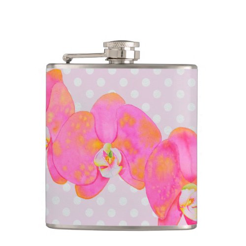 watercolor tropical pink floral Orchid painting Hip Flask