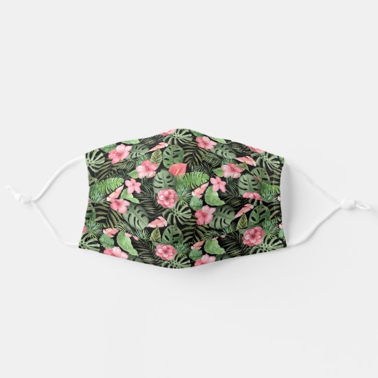 Watercolor Tropical Pink Flowers and Green Leaves Adult Cloth Face Mask